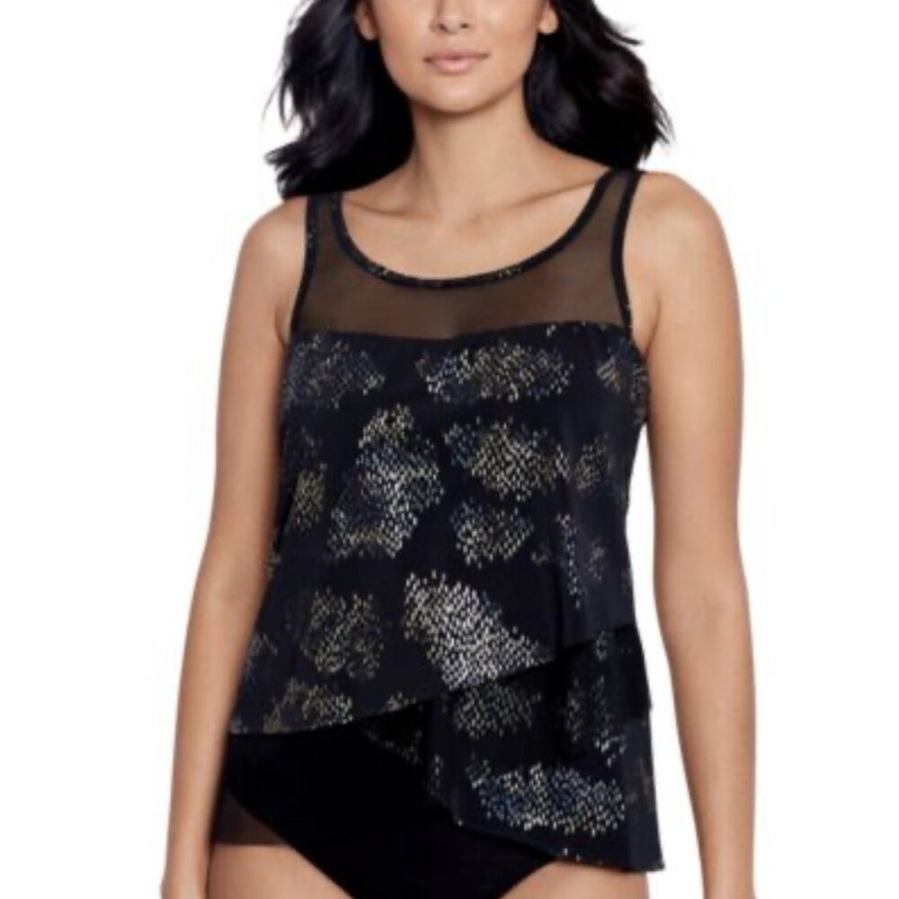 MIRACLESUIT Magicsuit US 8 Iridium Tankini Top M Black Gold Metallic NEW